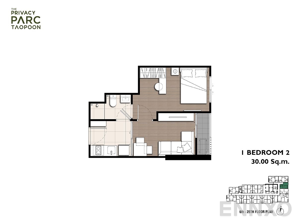 รูปแปลนห้อง 1-Bedroom - 2 ของโครงการ เดอะ ไพเวซี่ พาร์ค เตาปูน