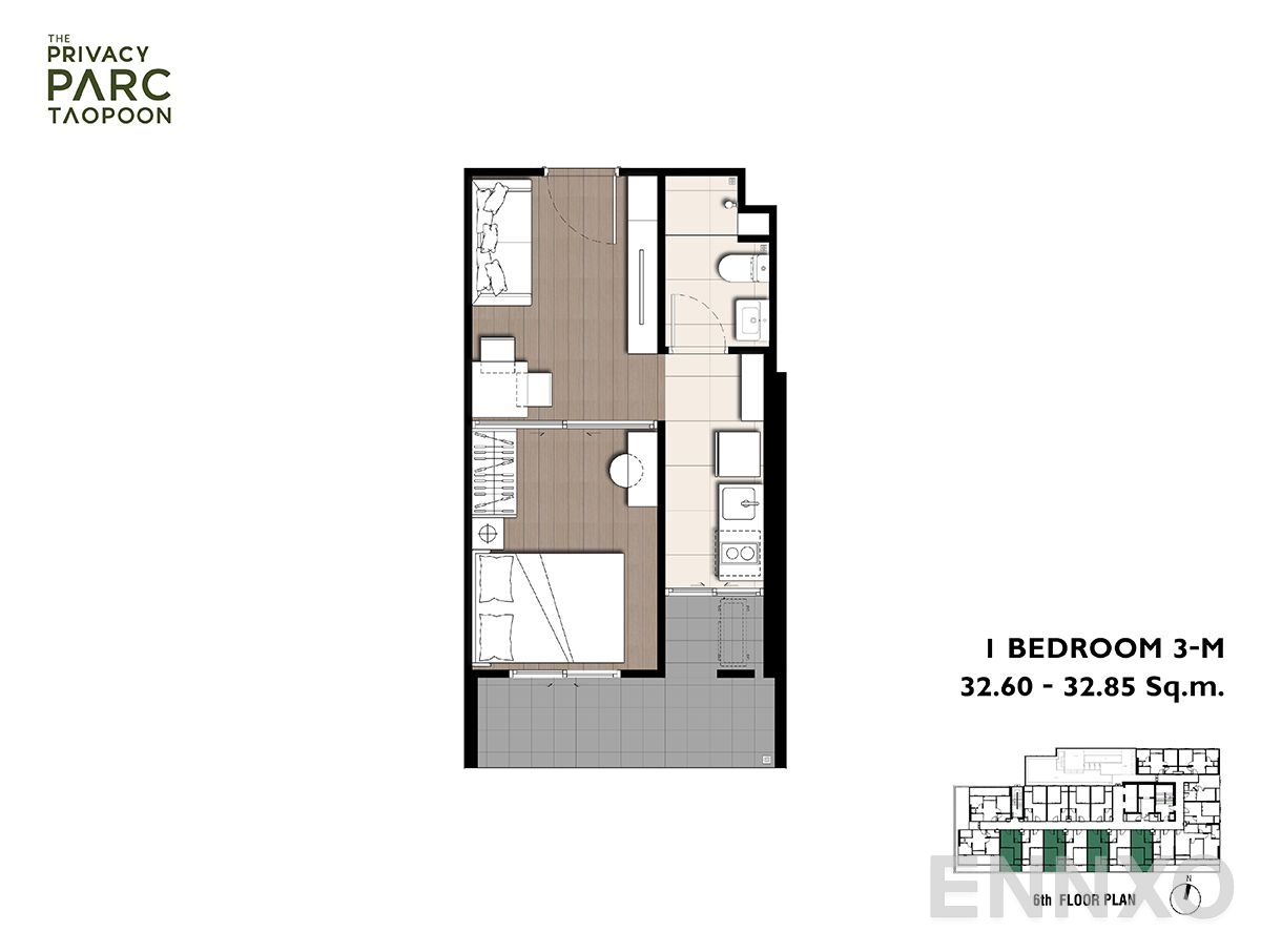 รูปแปลนห้อง 1-Bedroom - 3 ของโครงการ เดอะ ไพเวซี่ พาร์ค เตาปูน