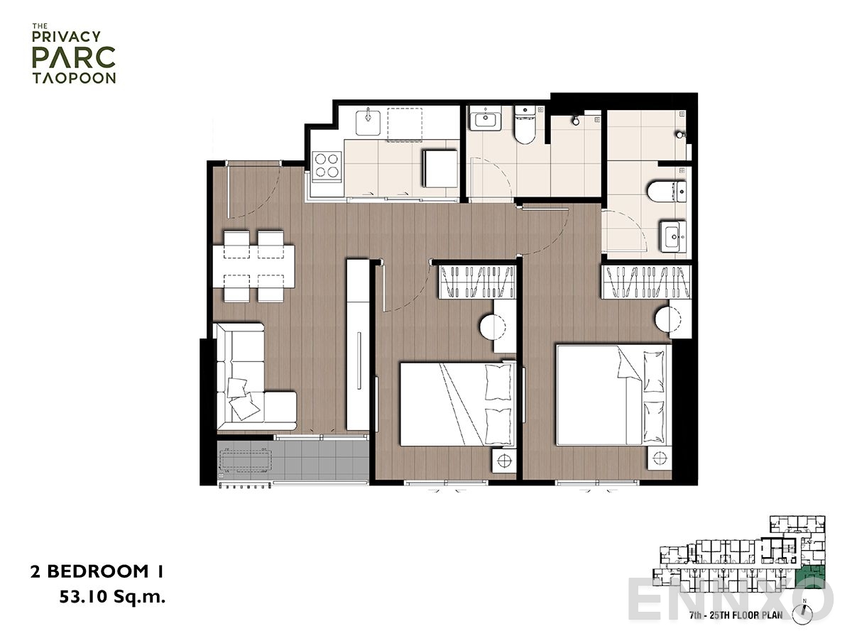 รูปแปลนห้อง 2Bedroom - 1 ของโครงการ เดอะ ไพเวซี่ พาร์ค เตาปูน