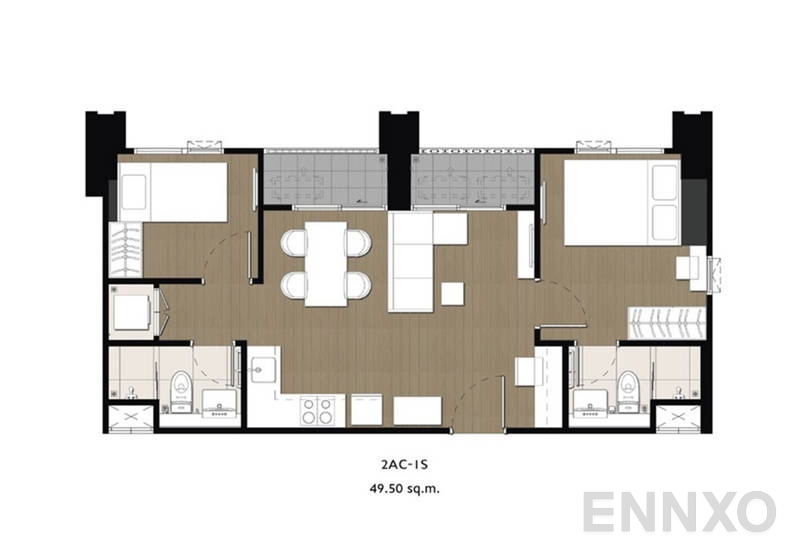 รูปแปลนห้อง 2 Bedrooms ของโครงการ เดอะ ไพรเวชี่ ท่าพระ อินเตอร์เชนจ์