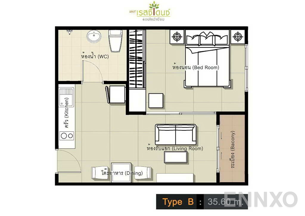 รูปแปลนห้อง Type B ของโครงการ The Residence Condominium