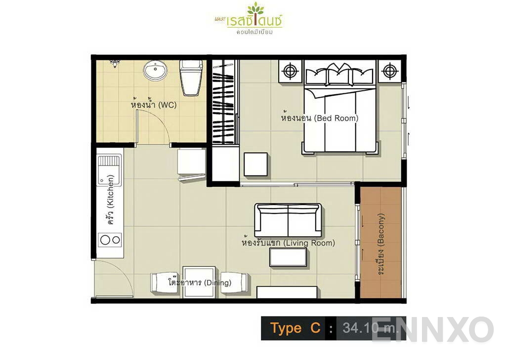 รูปแปลนห้อง Type C ของโครงการ The Residence Condominium