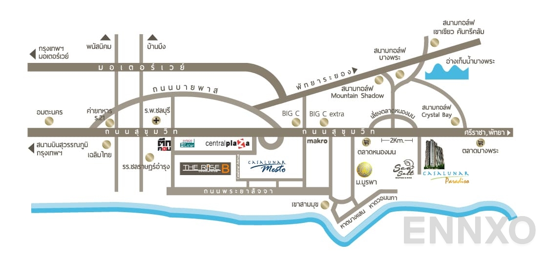 ภาพแผนที่แสดงที่ตั้งโครงการ The Rise B 
(เดอะ ไรซ์ บี) และสถานที่โดยรอบ