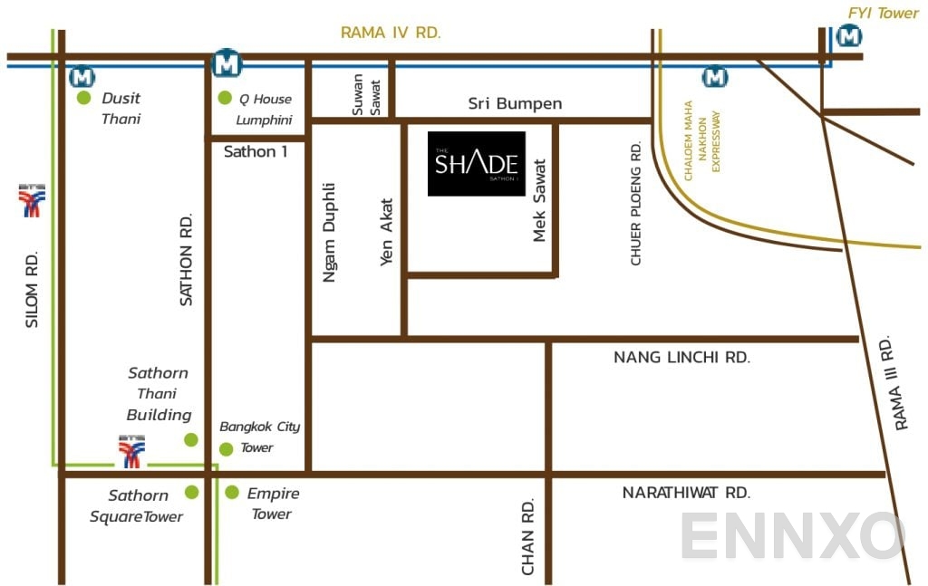 ภาพแผนที่แสดงที่ตั้งโครงการ The Shade Sathorn 1
(เดอะ เชดด์ สาทร 1) และสถานที่โดยรอบ