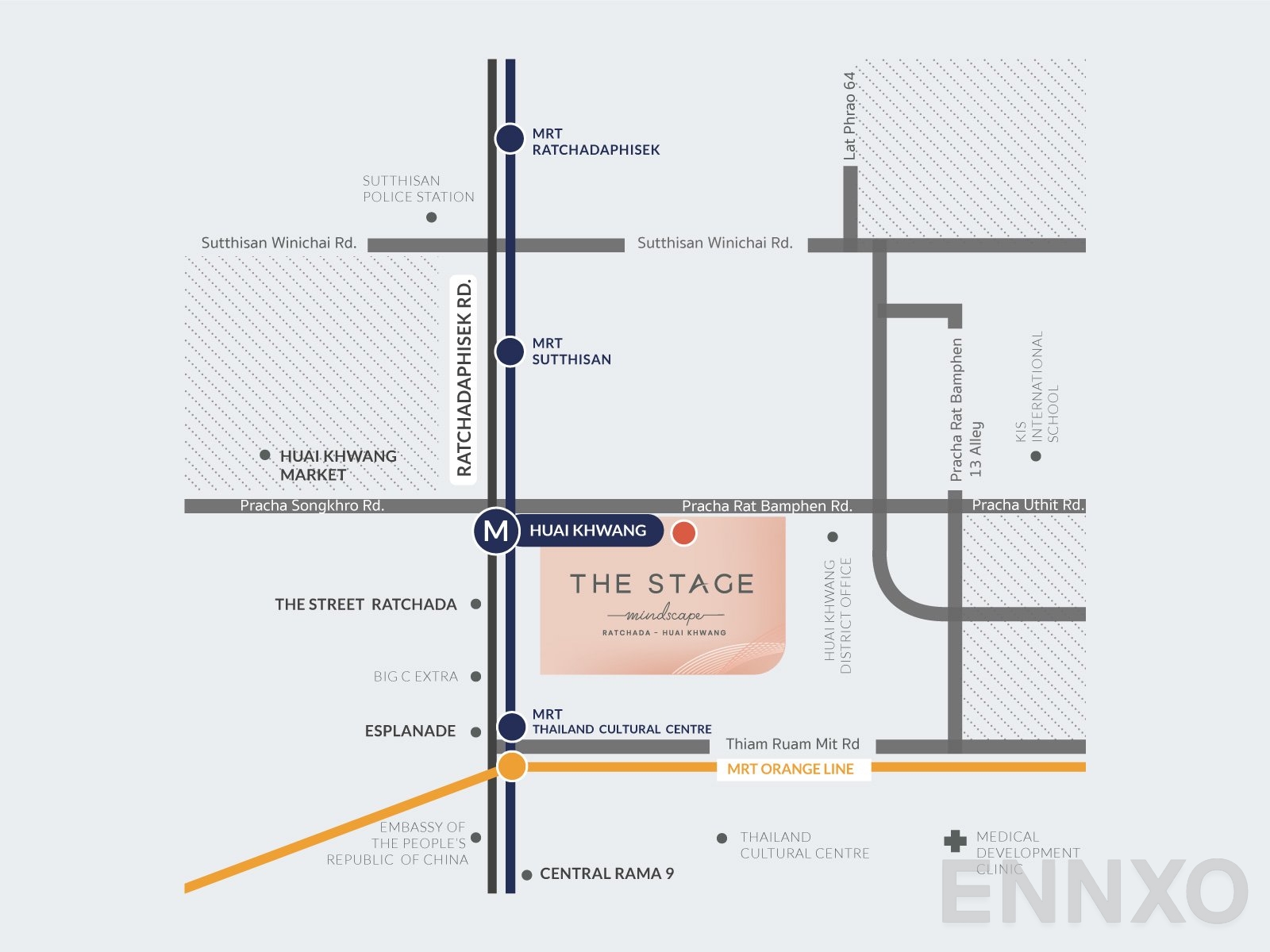 ภาพแผนที่แสดงที่ตั้งโครงการ THE STAGE Mindscape Ratchada - Huaikhwang
(เดอะ สเตจ มายด์สเคป รัชดา - ห้วยขวาง) และสถานที่โดยรอบ