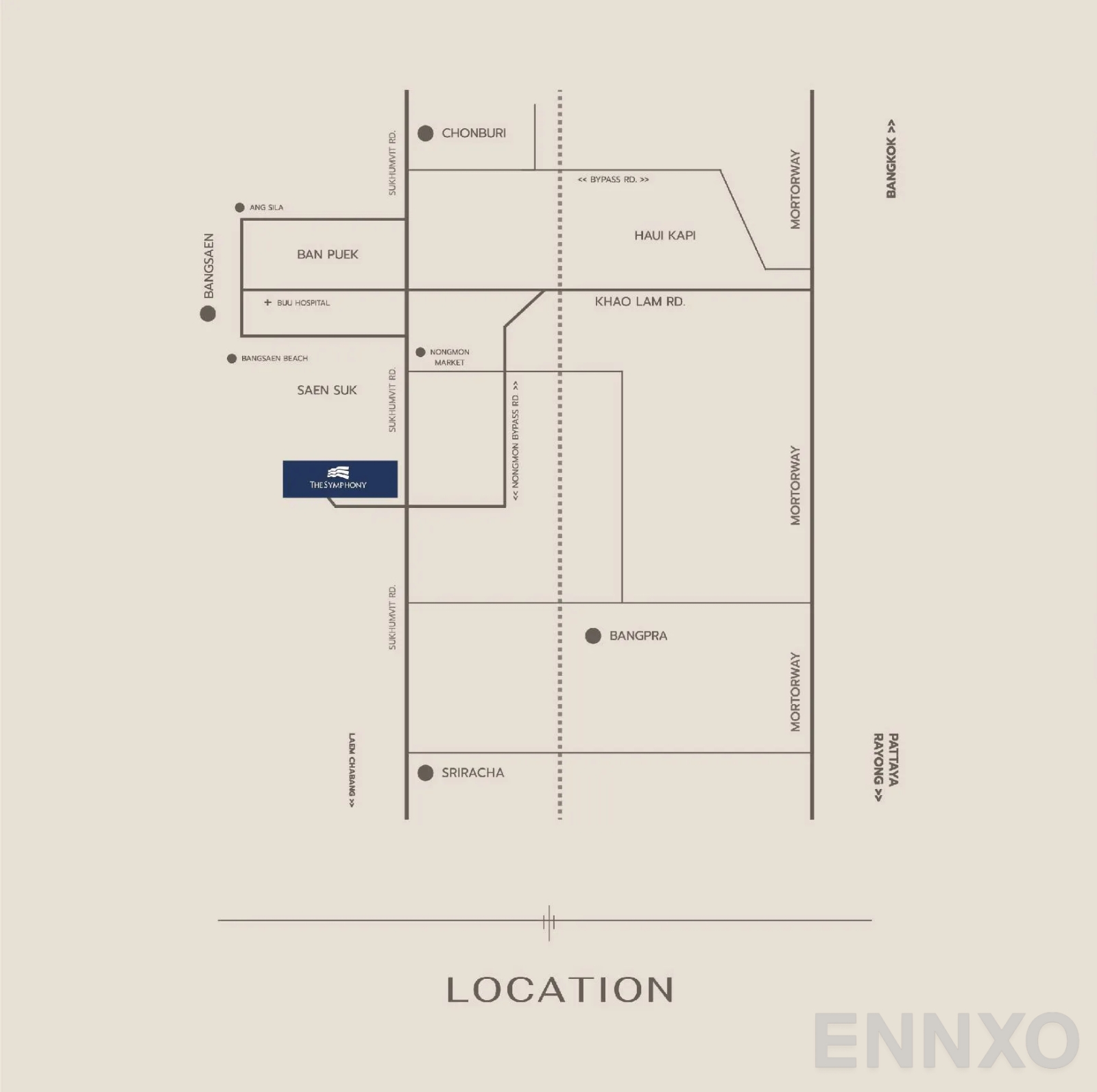 ภาพแผนที่แสดงที่ตั้งโครงการ The Symphony
(เดอะ ซิมโฟนี บางพระ - ศรีราชา) และสถานที่โดยรอบ
