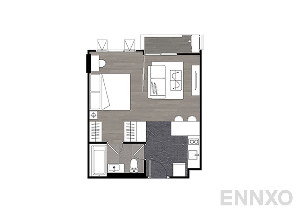 รูปแปลนห้อง 1 Bedroom ของโครงการ เดอะ ทีค รัชดา 19