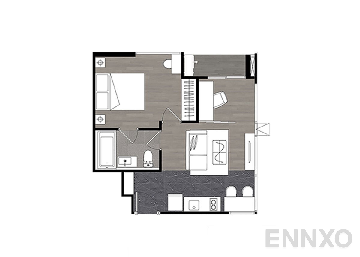 รูปแปลนห้อง 1 Bedroom Plus ของโครงการ เดอะ ทีค รัชดา 19