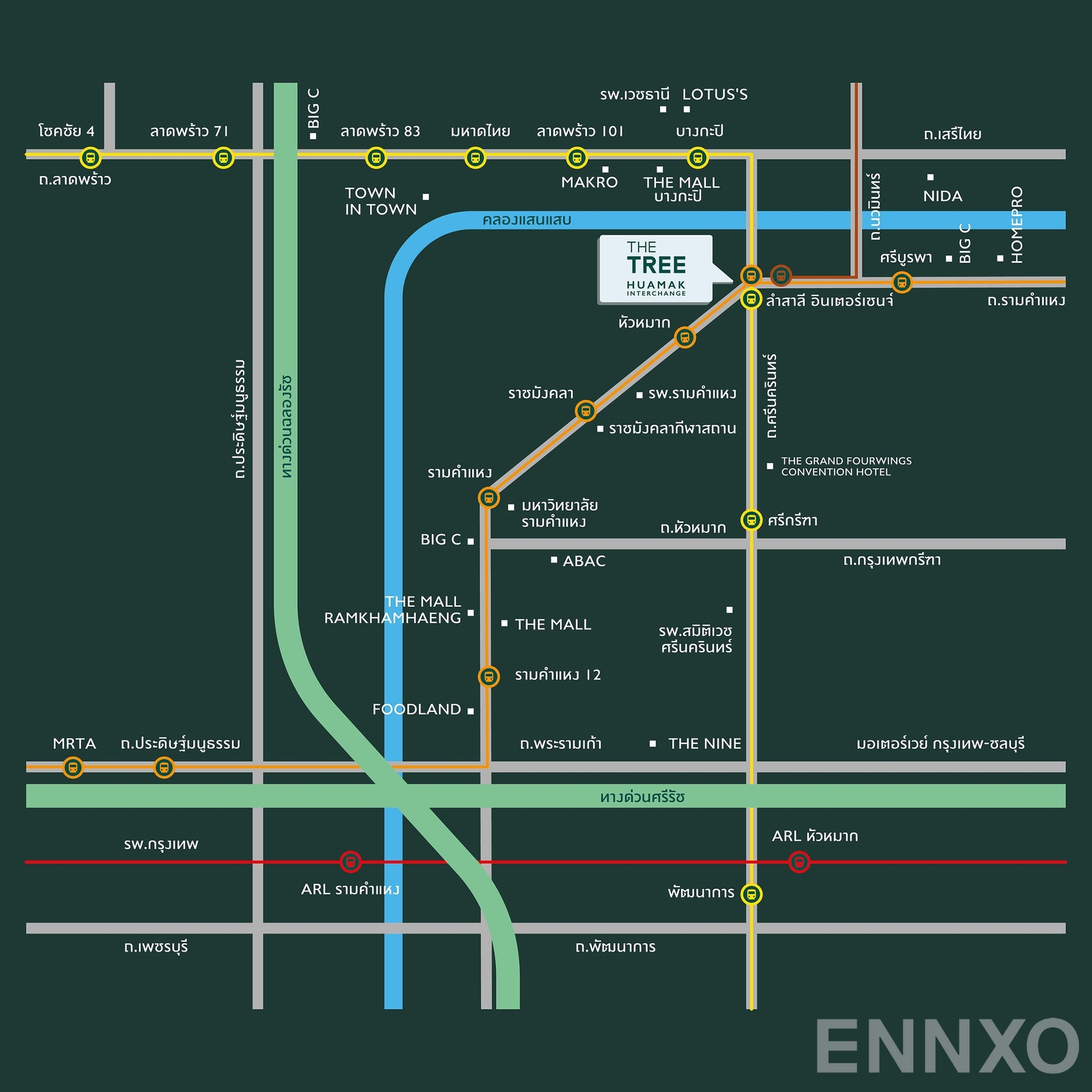 ภาพแผนที่แสดงที่ตั้งโครงการ เดอะ ทรี หัวหมาก อินเตอร์เชนจ์ และสถานที่โดยรอบ