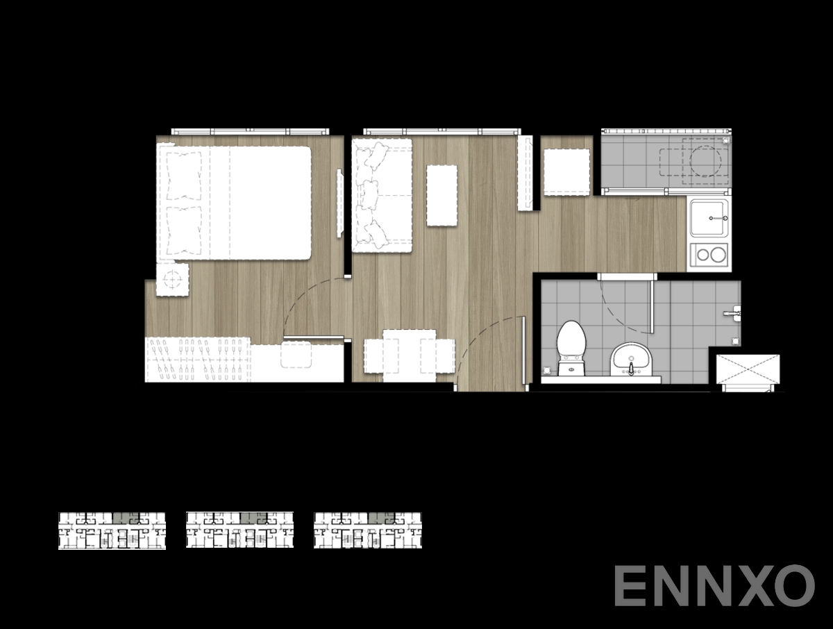 รูปแปลนห้อง 1-Bedroom - 1 ของโครงการ เดอะ ทรี หัวหมาก อินเตอร์เชนจ์
