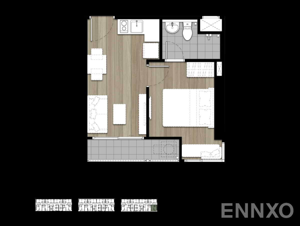 รูปแปลนห้อง 1-Bedroom - 2 ของโครงการ เดอะ ทรี หัวหมาก อินเตอร์เชนจ์