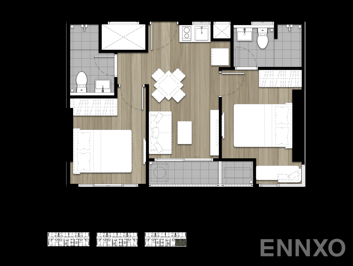 รูปแปลนห้อง 2-Bedroom - 1 ของโครงการ เดอะ ทรี หัวหมาก อินเตอร์เชนจ์