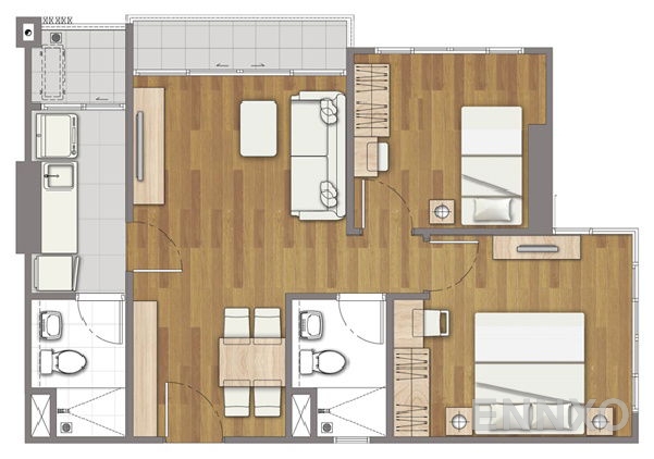 รูปแปลนห้อง 2 Bedroom ของโครงการ เดอะ ทรี อินเตอร์เชนจ์