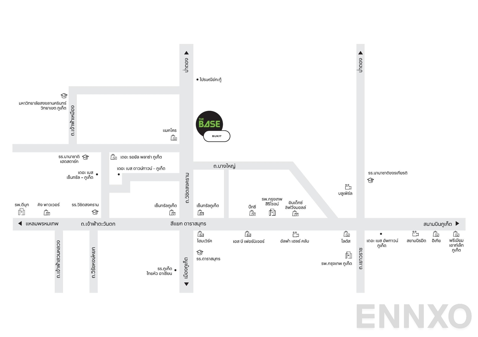 ภาพแผนที่แสดงที่ตั้งโครงการ The Base Bukit Phuket
(เดอะ เบส บูกิต - ภูเก็ต) และสถานที่โดยรอบ