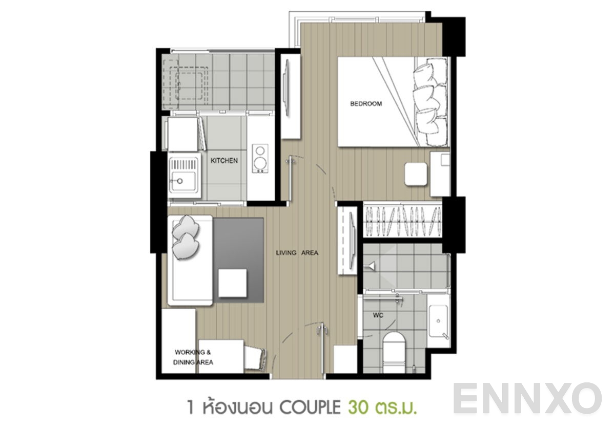 รูปแปลนห้อง 1 Bedroom ของโครงการ ยู ดีไลท์ @ หัวหมาก สเตชั่น