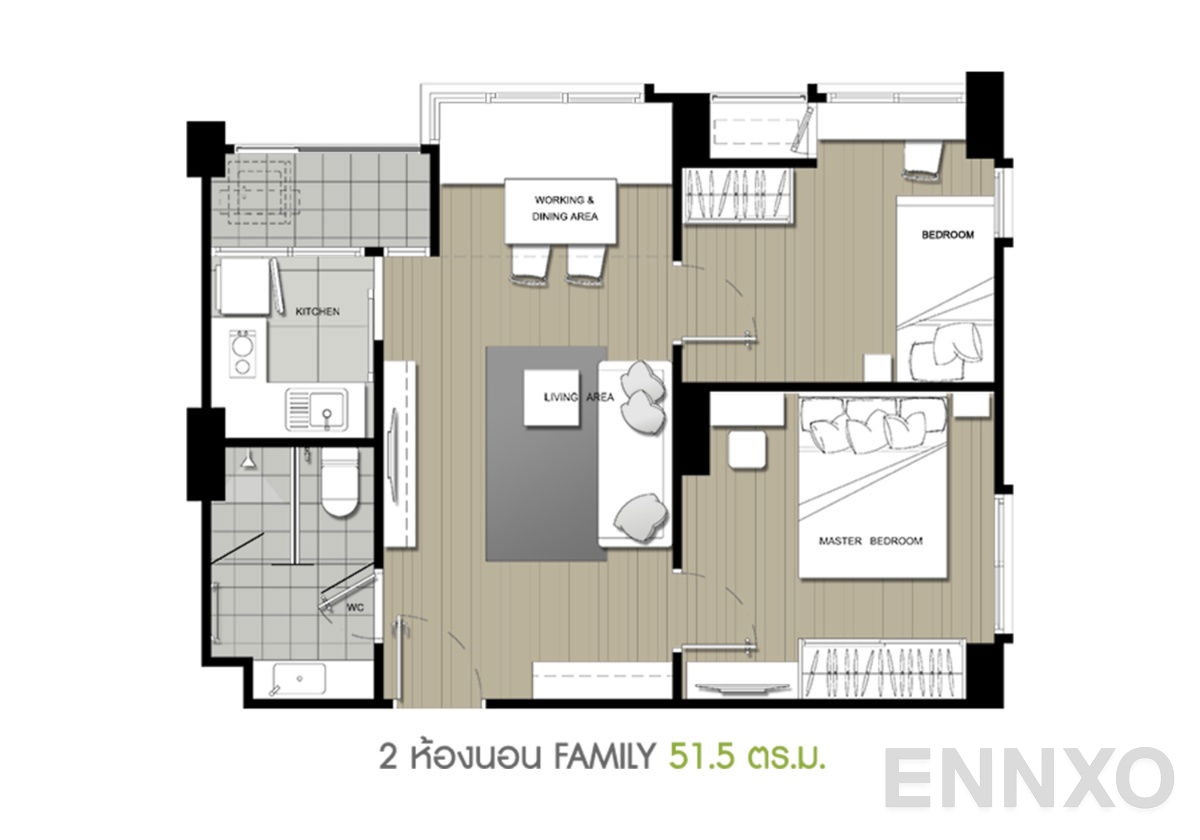รูปแปลนห้อง 2 Bedroom ของโครงการ ยู ดีไลท์ @ หัวหมาก สเตชั่น