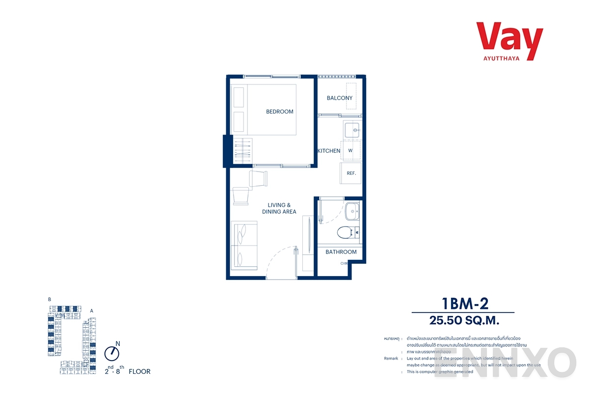 รูปแปลนห้อง 1BM-2 ของโครงการ VAY Ayutthaya