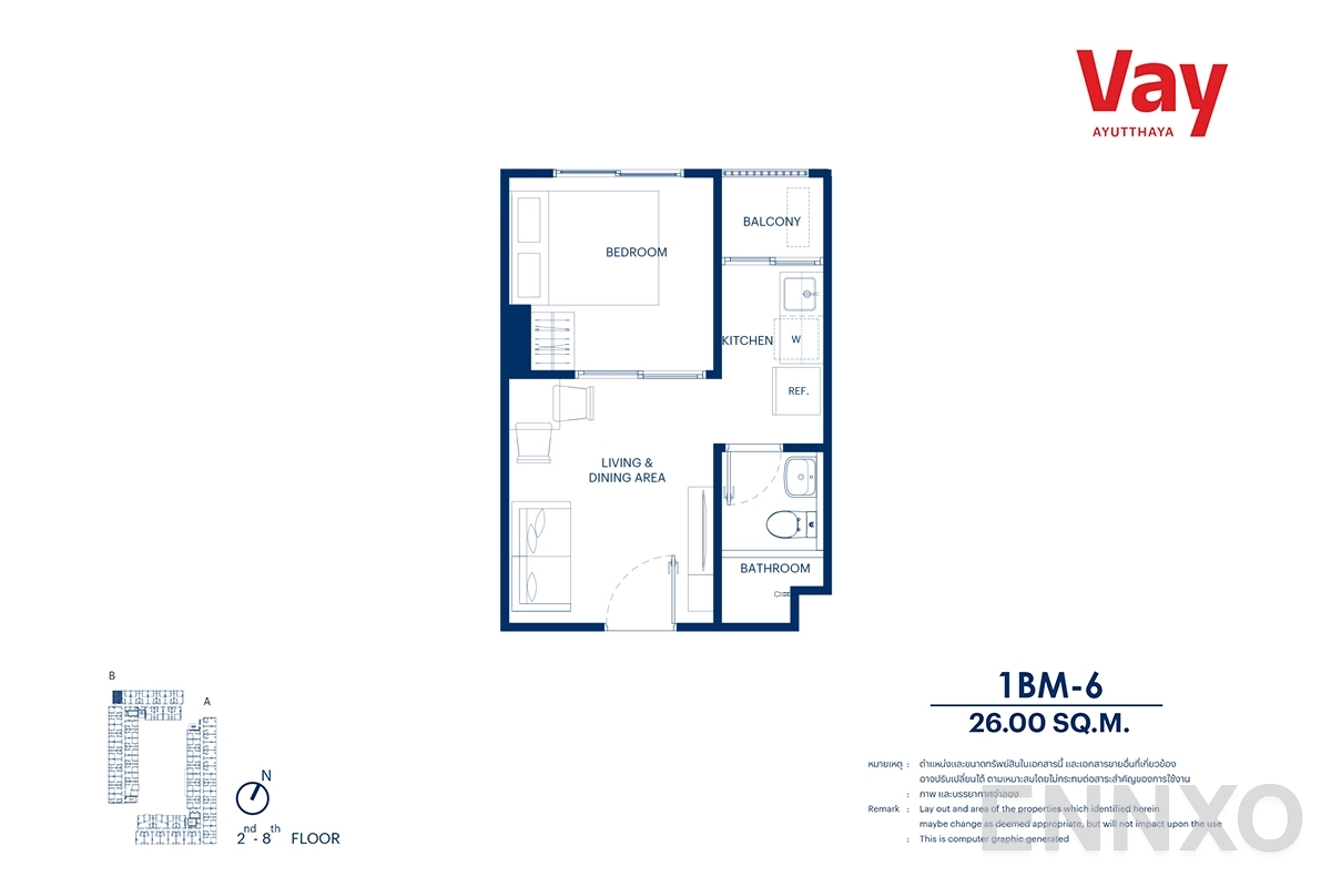 รูปแปลนห้อง 1BM-6 ของโครงการ VAY Ayutthaya