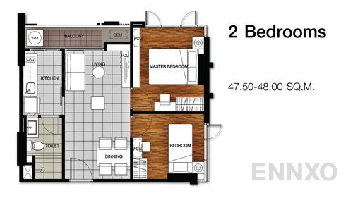 รูปแปลนห้อง 2 Bedroom ของโครงการ Voque Place Sukhumvit 107