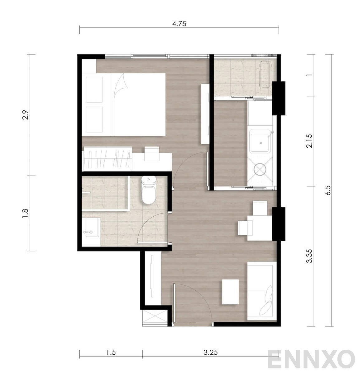 รูปแปลนห้อง 1 Bedroom Extra ของโครงการ Wynn Condo