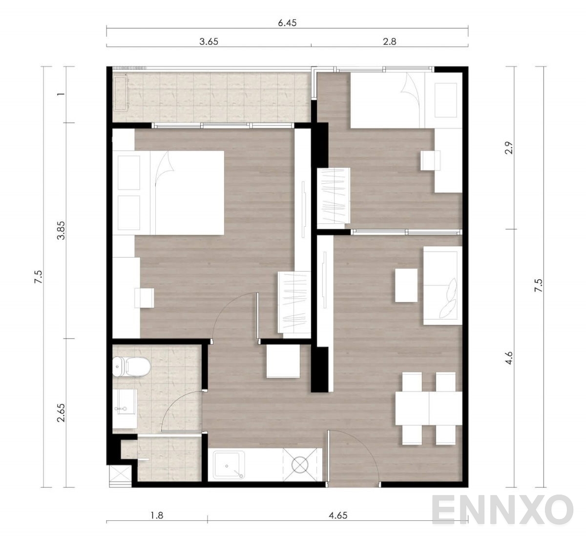 รูปแปลนห้อง 1 Bedroom Plus ของโครงการ Wynn Condo