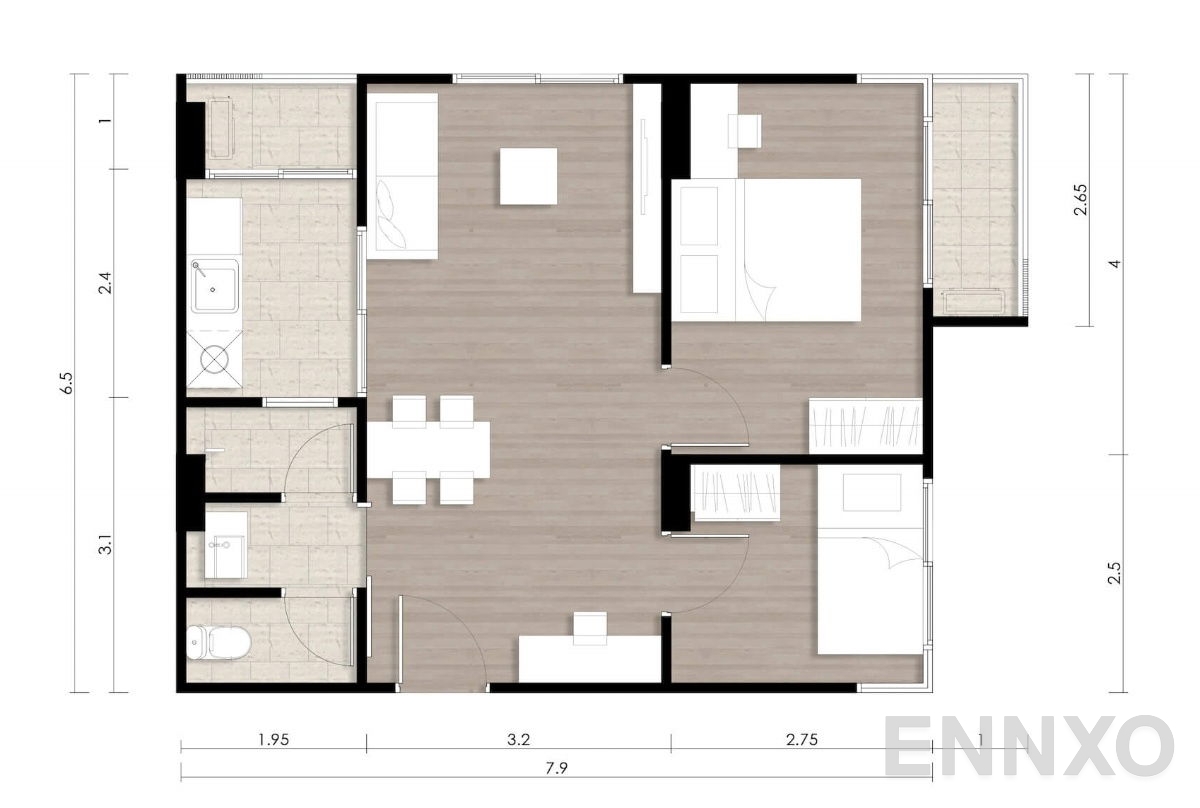 รูปแปลนห้อง 2 Bedrooms ของโครงการ Wynn Condo