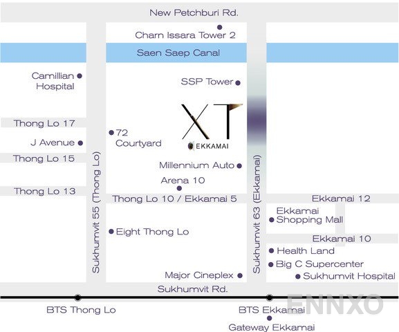 ภาพแผนที่แสดงที่ตั้งโครงการ XT Ekkamai และสถานที่โดยรอบ