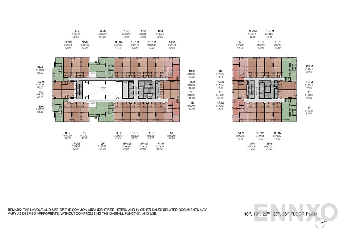แปลนชั้น 18th, 19th, 22nd, 23rd, 26th Floor ของโครงการ XT Phayathai