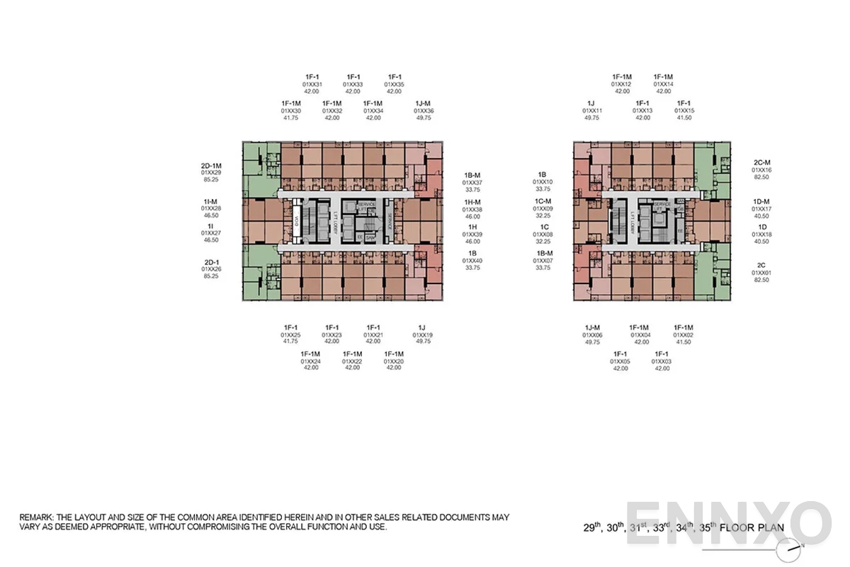 แปลนชั้น 29th, 30th, 31st, 33rd, 34th, 35th Floor ของโครงการ XT Phayathai
