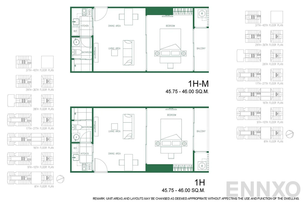 รูปแปลนห้อง 1H - 1H-M ของโครงการ XT Phayathai