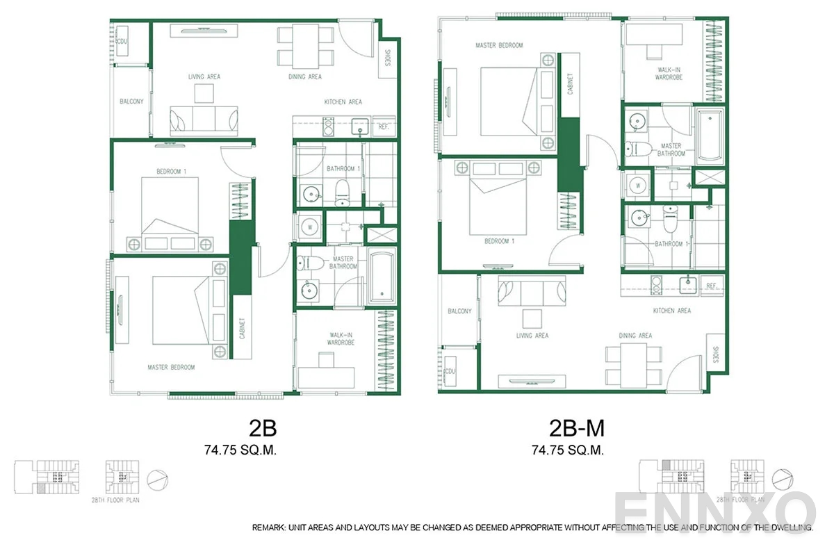 รูปแปลนห้อง 2B - 2B-M ของโครงการ XT Phayathai