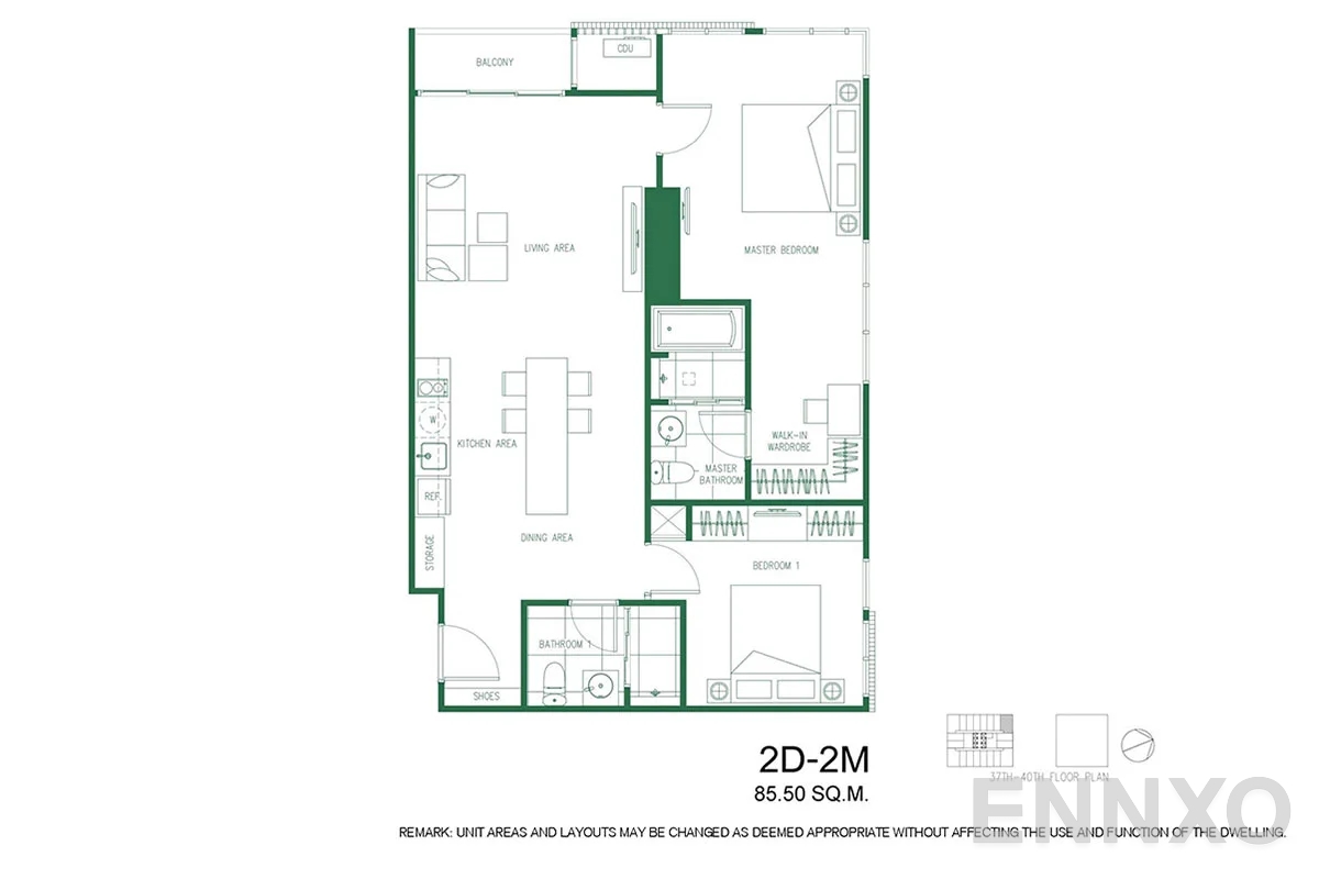 รูปแปลนห้อง 2D-2M ของโครงการ XT Phayathai