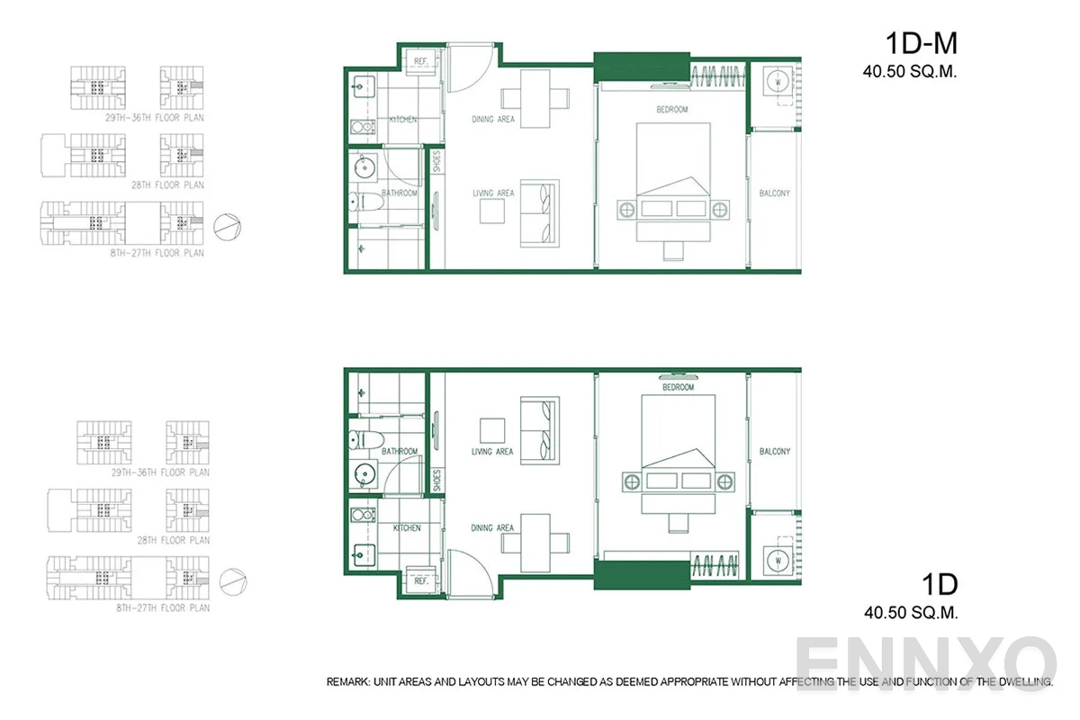 รูปแปลนห้อง 1D - 1D-M ของโครงการ XT Phayathai
