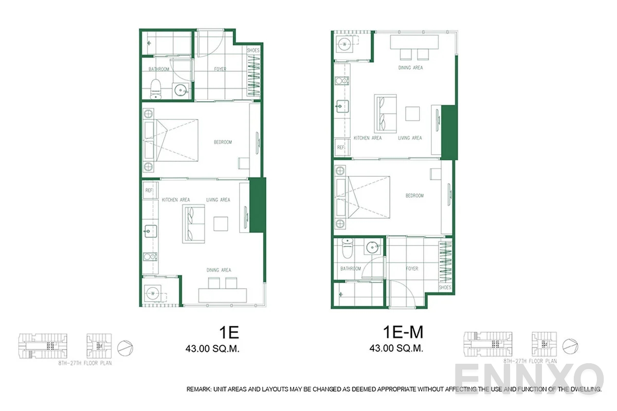 รูปแปลนห้อง 1E - 1E-M ของโครงการ XT Phayathai