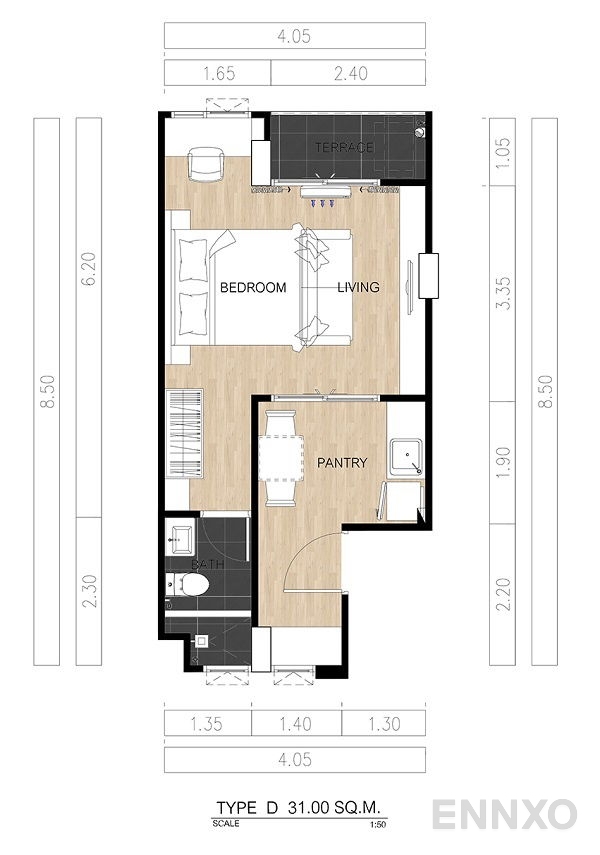 รูปแปลนห้อง 1 Bedroom TYPE D ของโครงการ Yensabaidee Ladprao 101