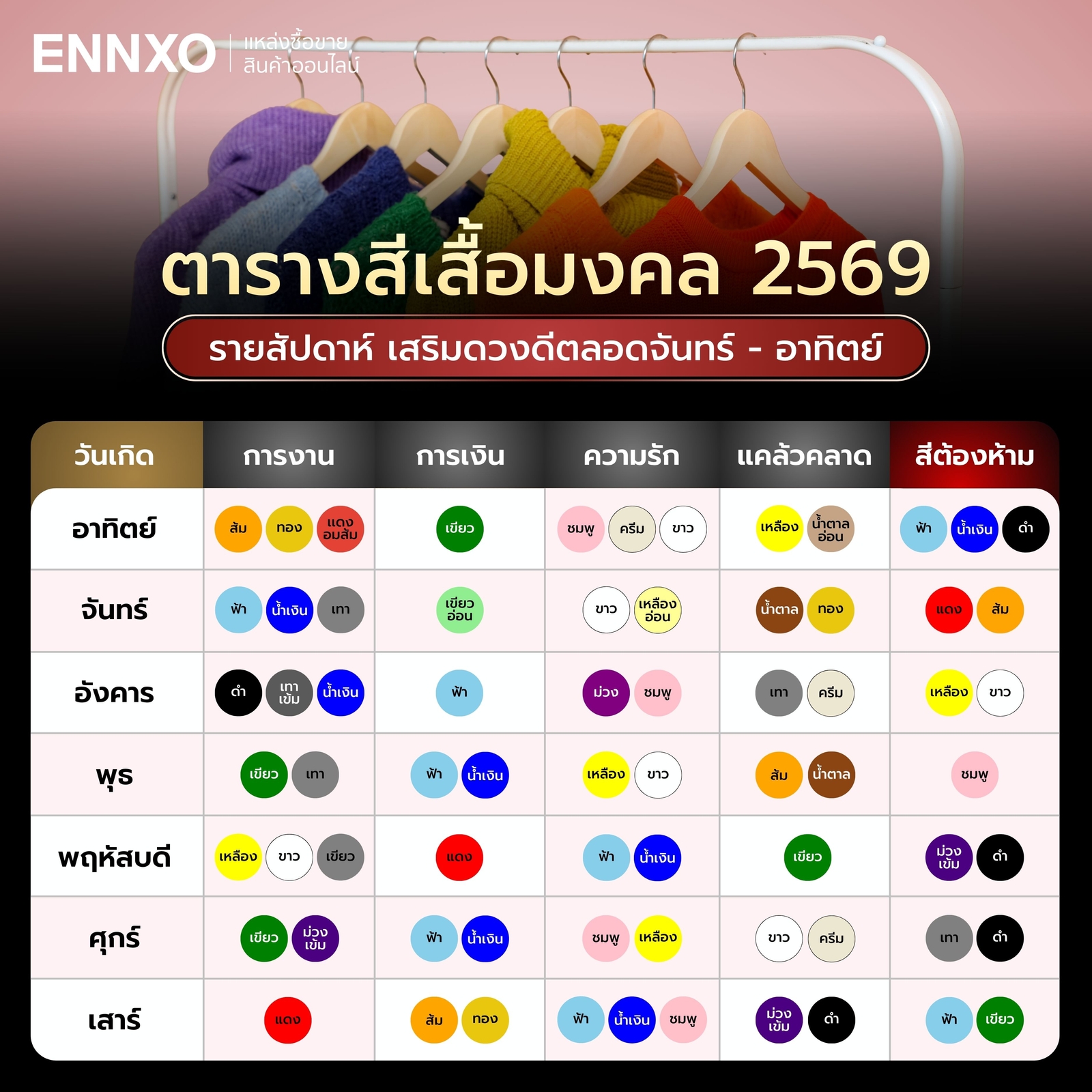 ตารางสีเสื้อมงคล 2569 เช็คสีเสื้อรายวัน