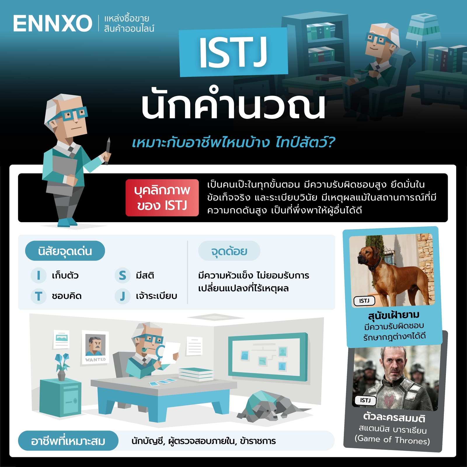นิสัย ISTJ จุดเด่น จุดด้อย อาชีพที่เหมาะ และไทป์สัตว์