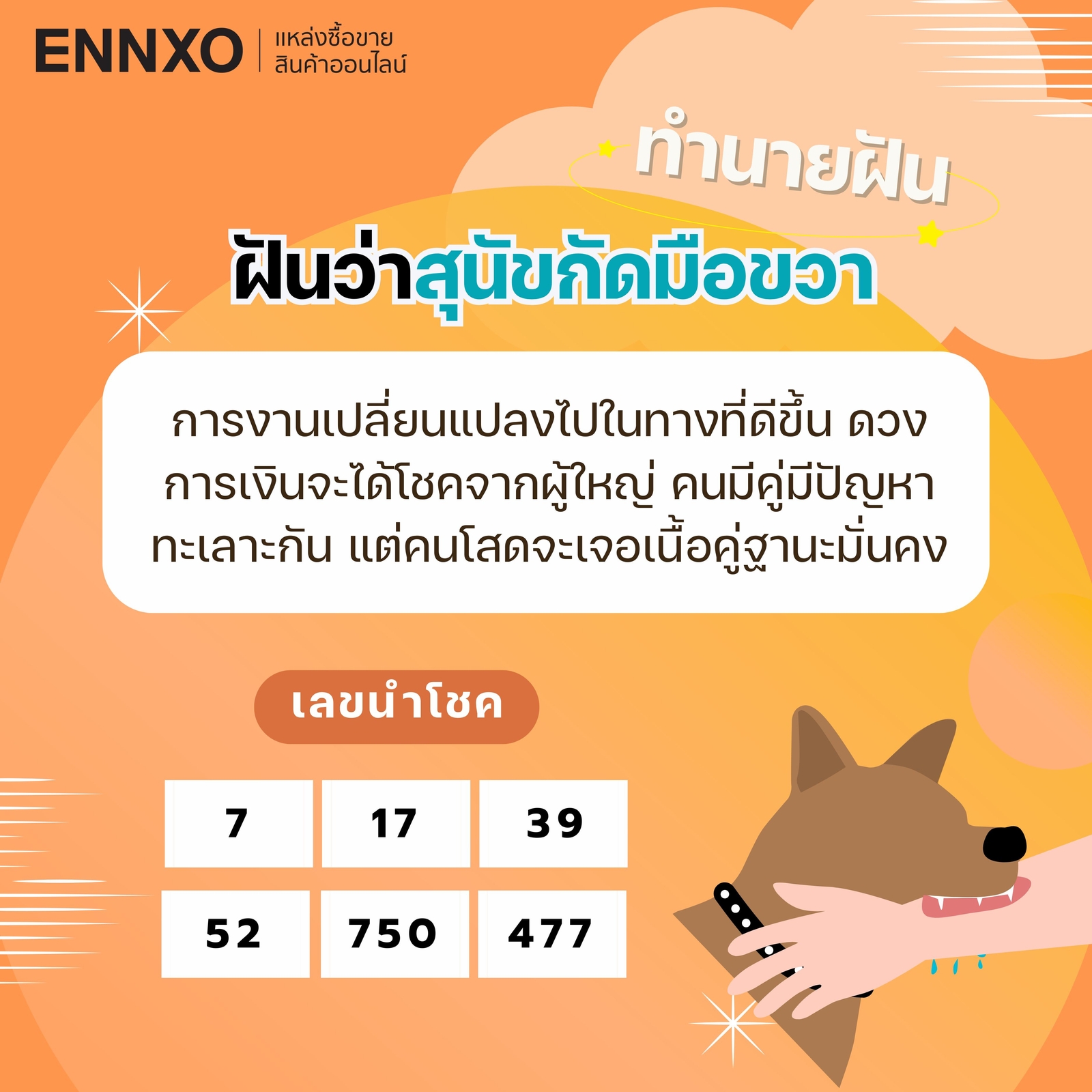 ฝันว่าโดนสุนัขกัดมือขวา-เลขเด็ด