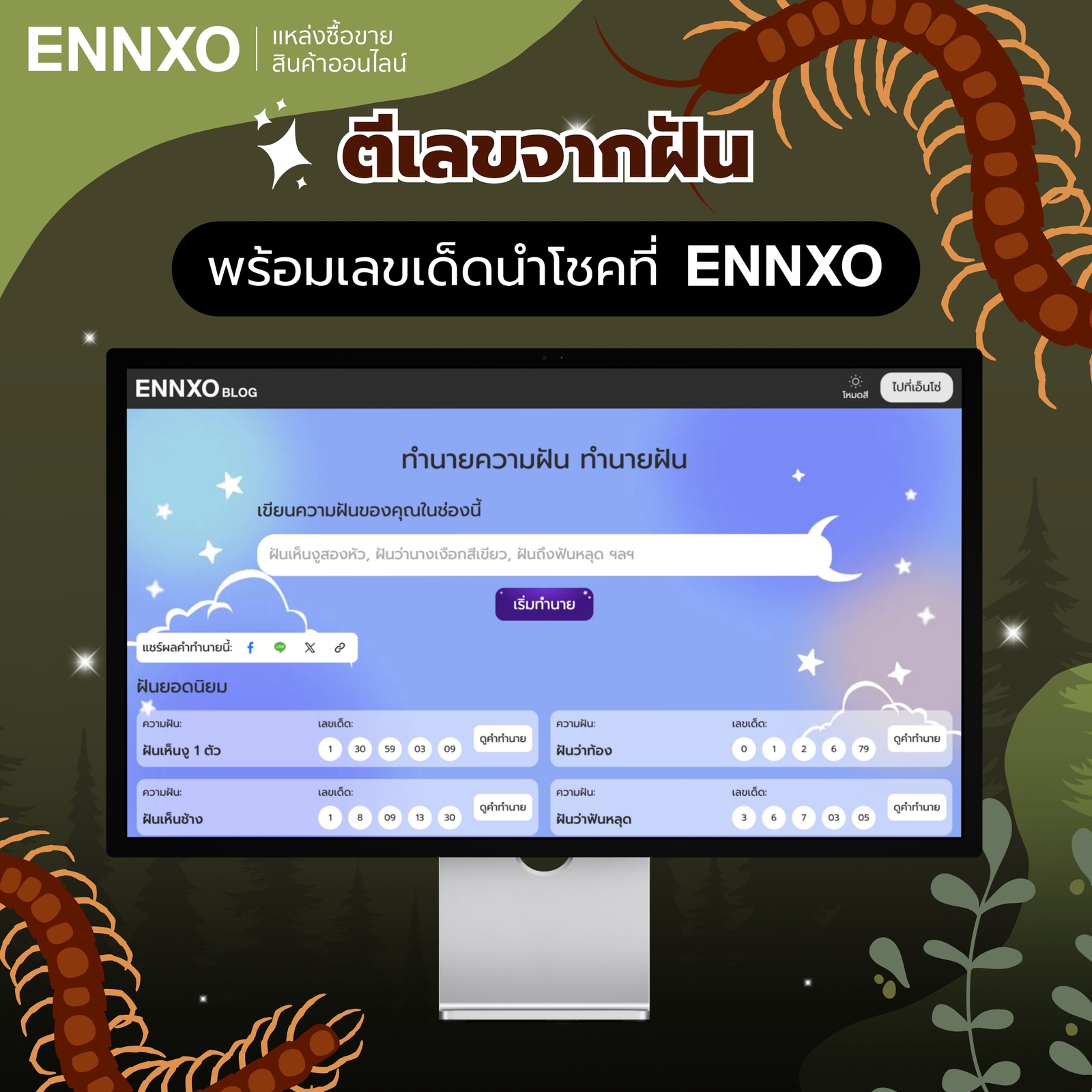 ฝันเห็นตะขาบ ทำนายฝันแม่นๆ ที่ ENNXO