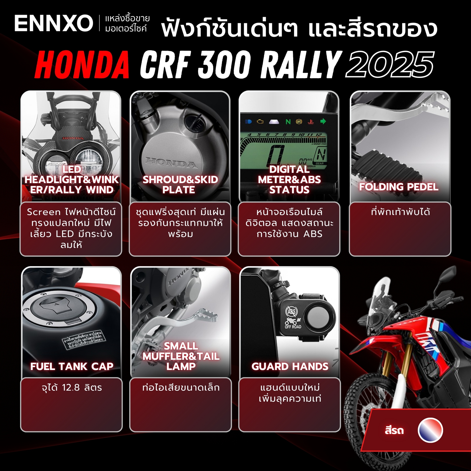สีรถและฟังก์ชันเด่นๆ ของ Honda CRF 300 Rally 2025