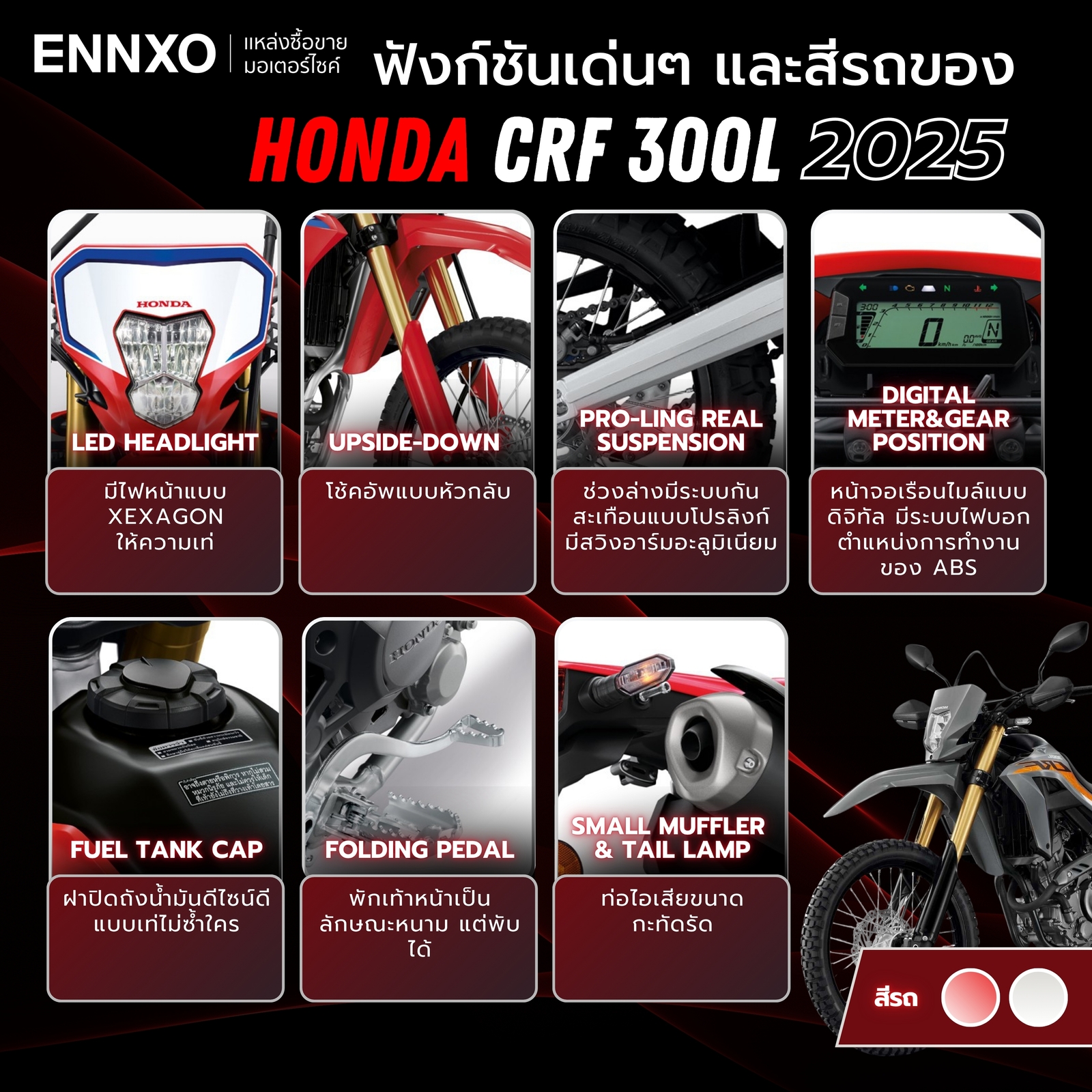 สีรถและฟังก์ชันเด่นๆ ของ Honda CRF 300L 2025