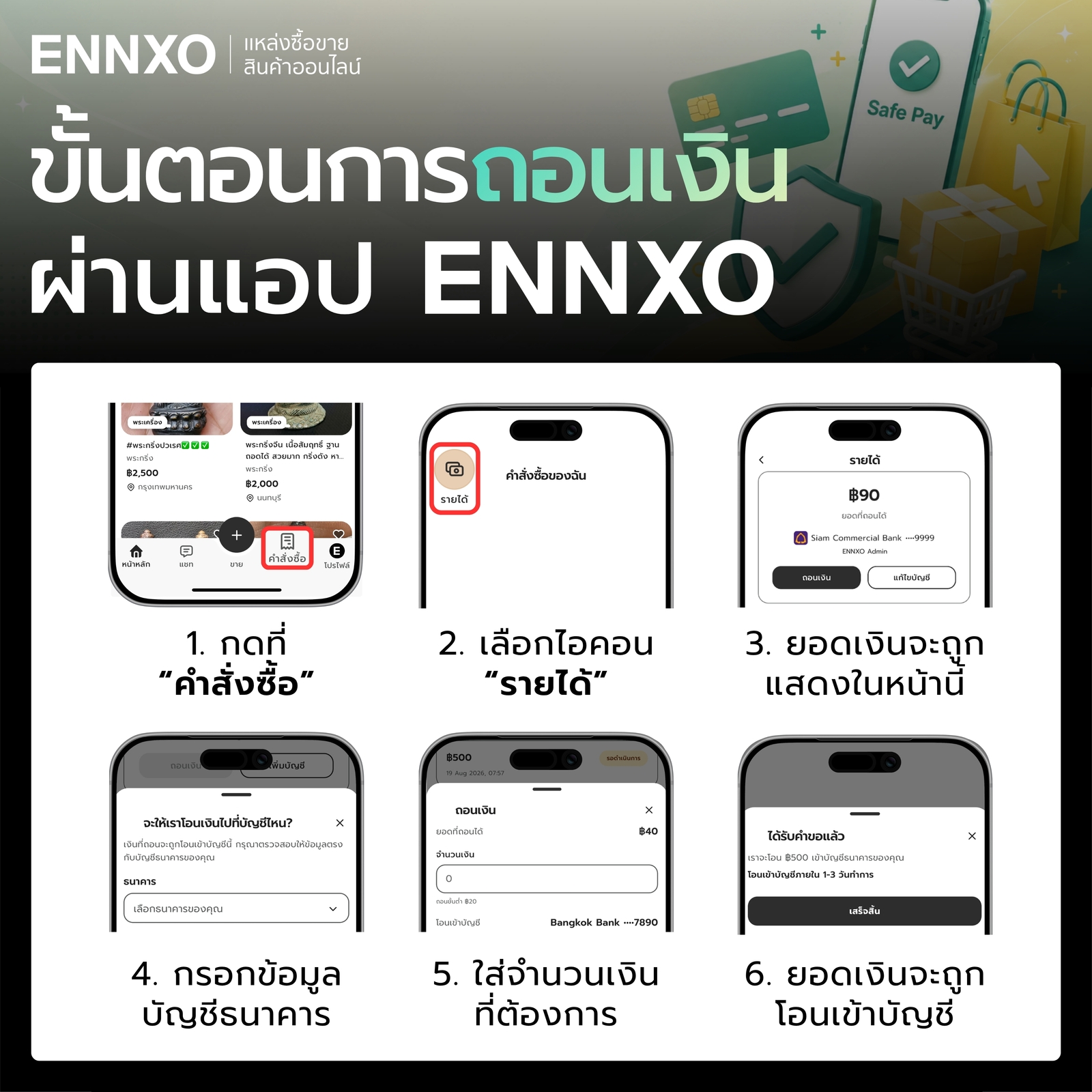 การถอนเงินบน ENNXO เข้าบัญชีธนาคาร ผ่านแอป ทุกขั้นตอน