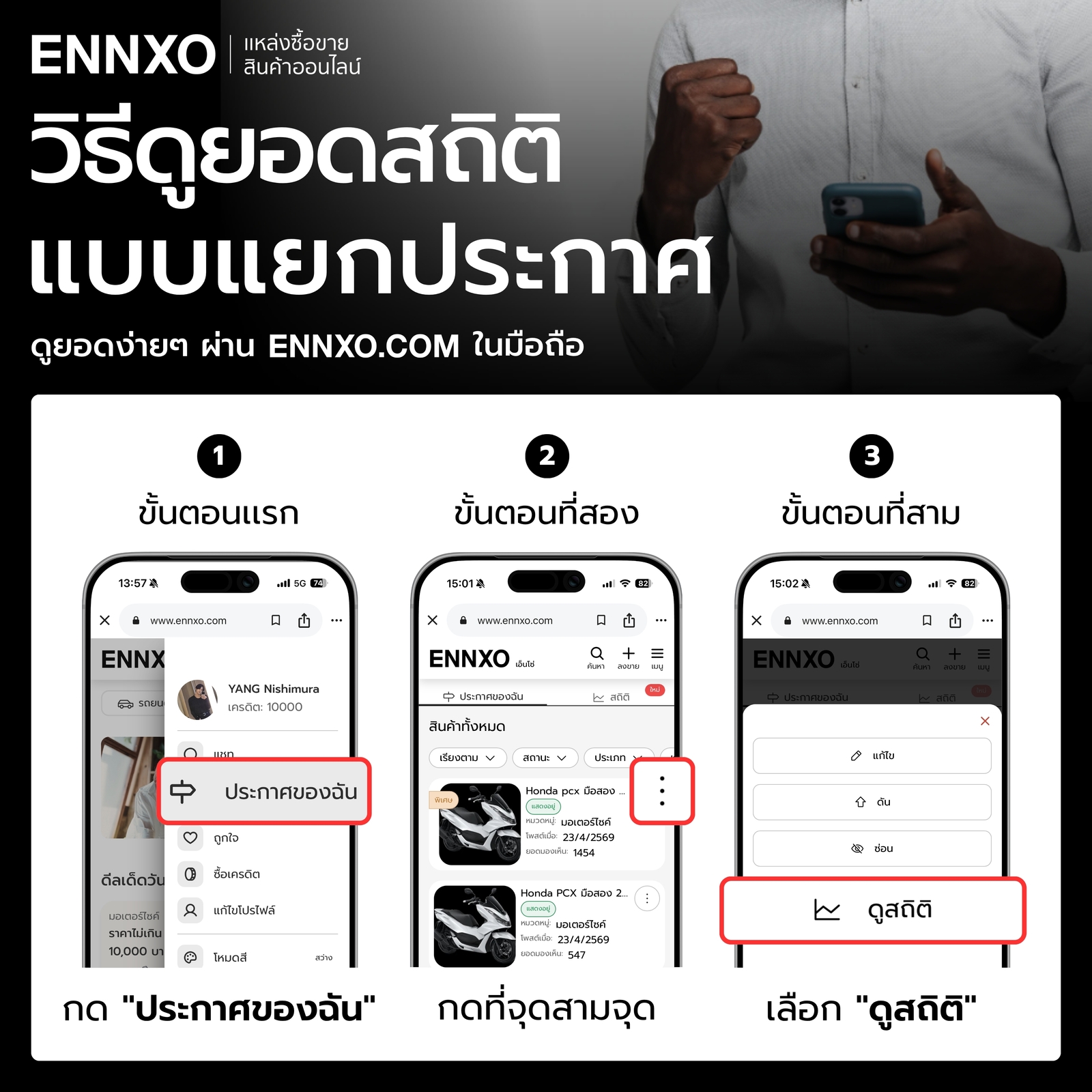 ขั้นตอนดูยอดสถิติแบบแยกประกาศของ ENNXO ในมือถือ ทุกขั้นตอน
