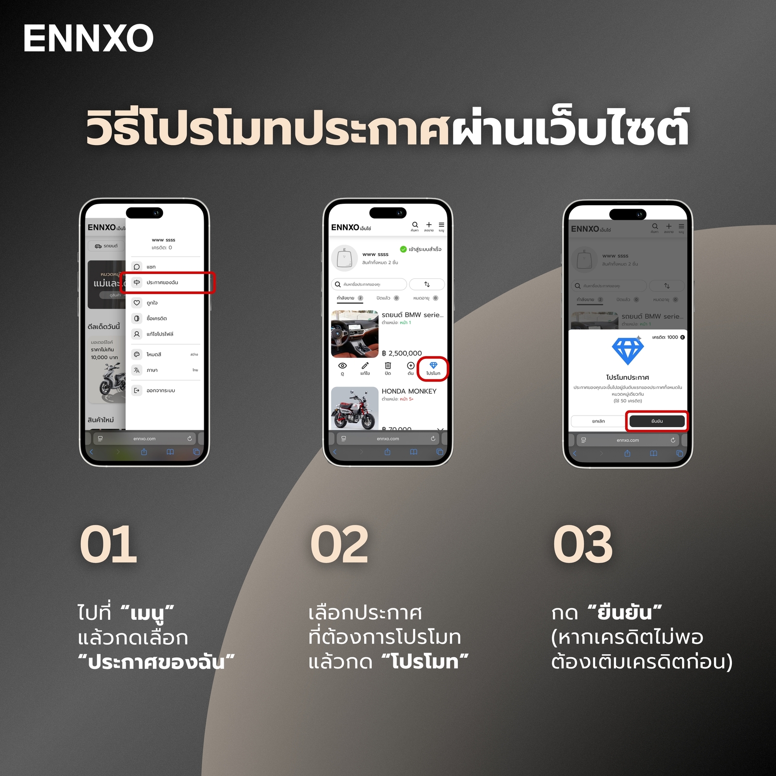 ขั้นตอนทั้งหมดโปรโมทประกาศที่เว็บไซต์ของ ENNXO 