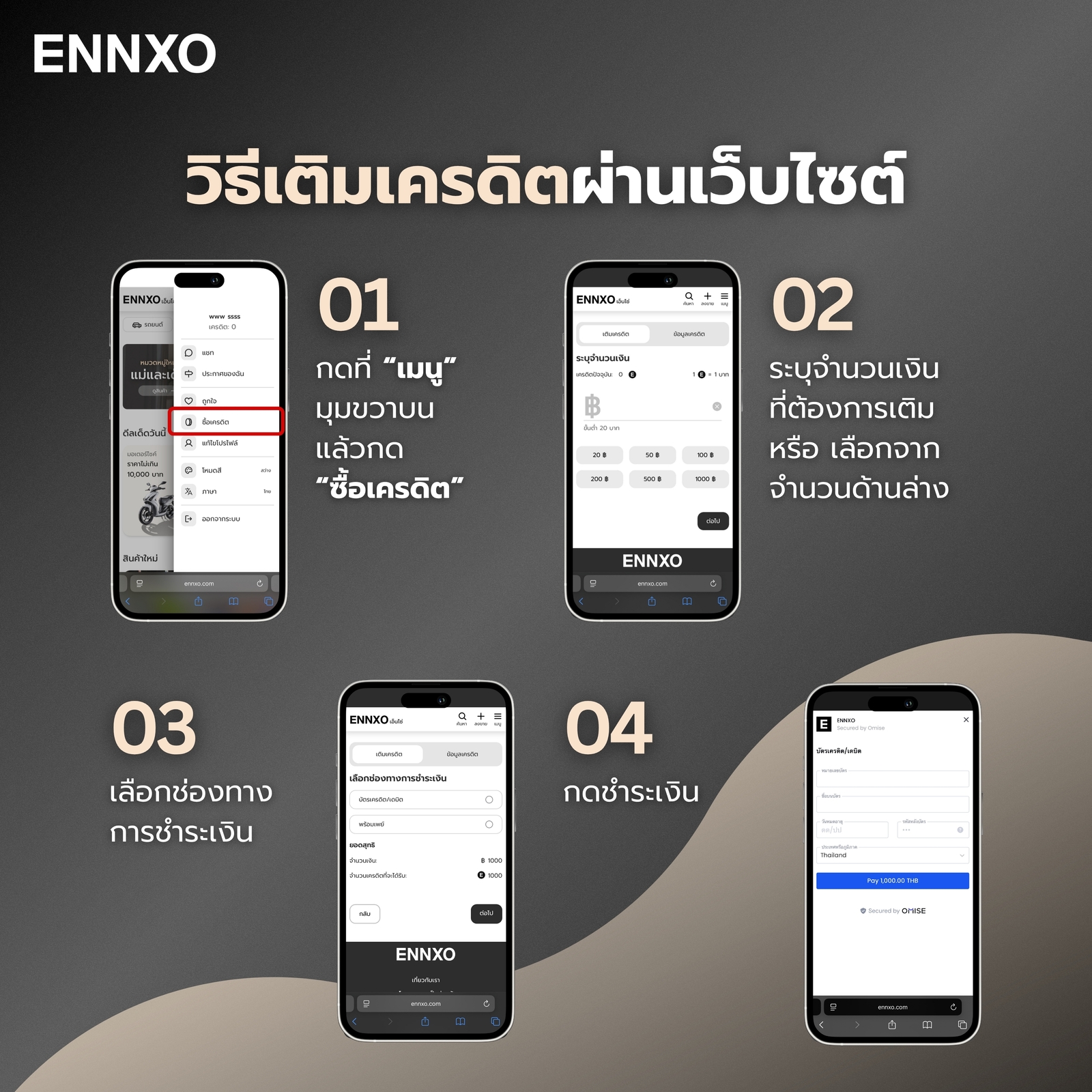 รวมขั้นตอนวิธีเติมเครดิตผ่านเว็บไซต์ของ ENNXO ทั้งหมด