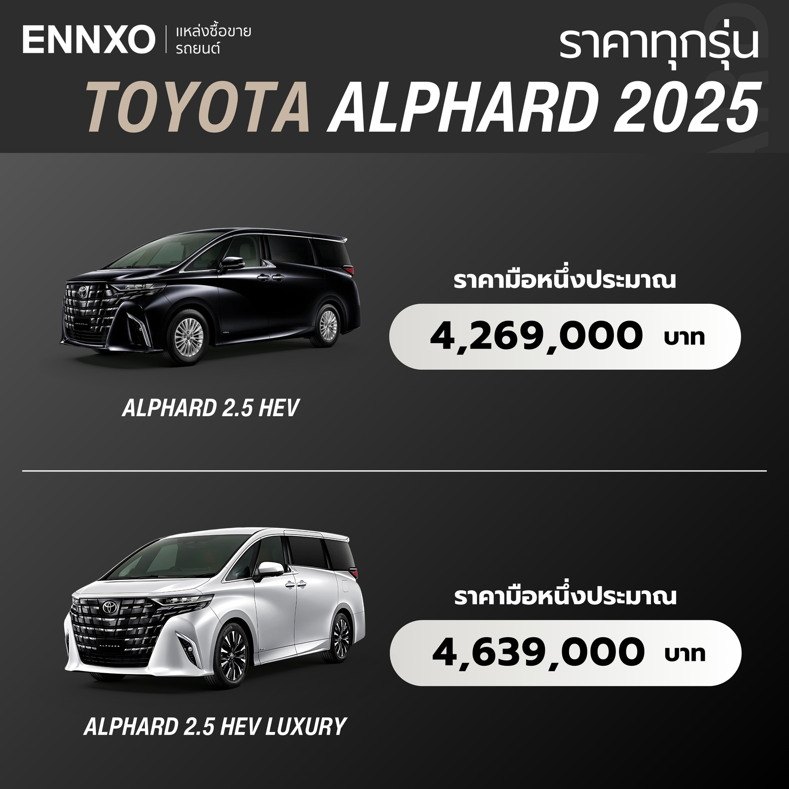 รถโตโยต้า อัลพาร์ด 2025 แต่ละรุ่น ราคาเท่าไหร่