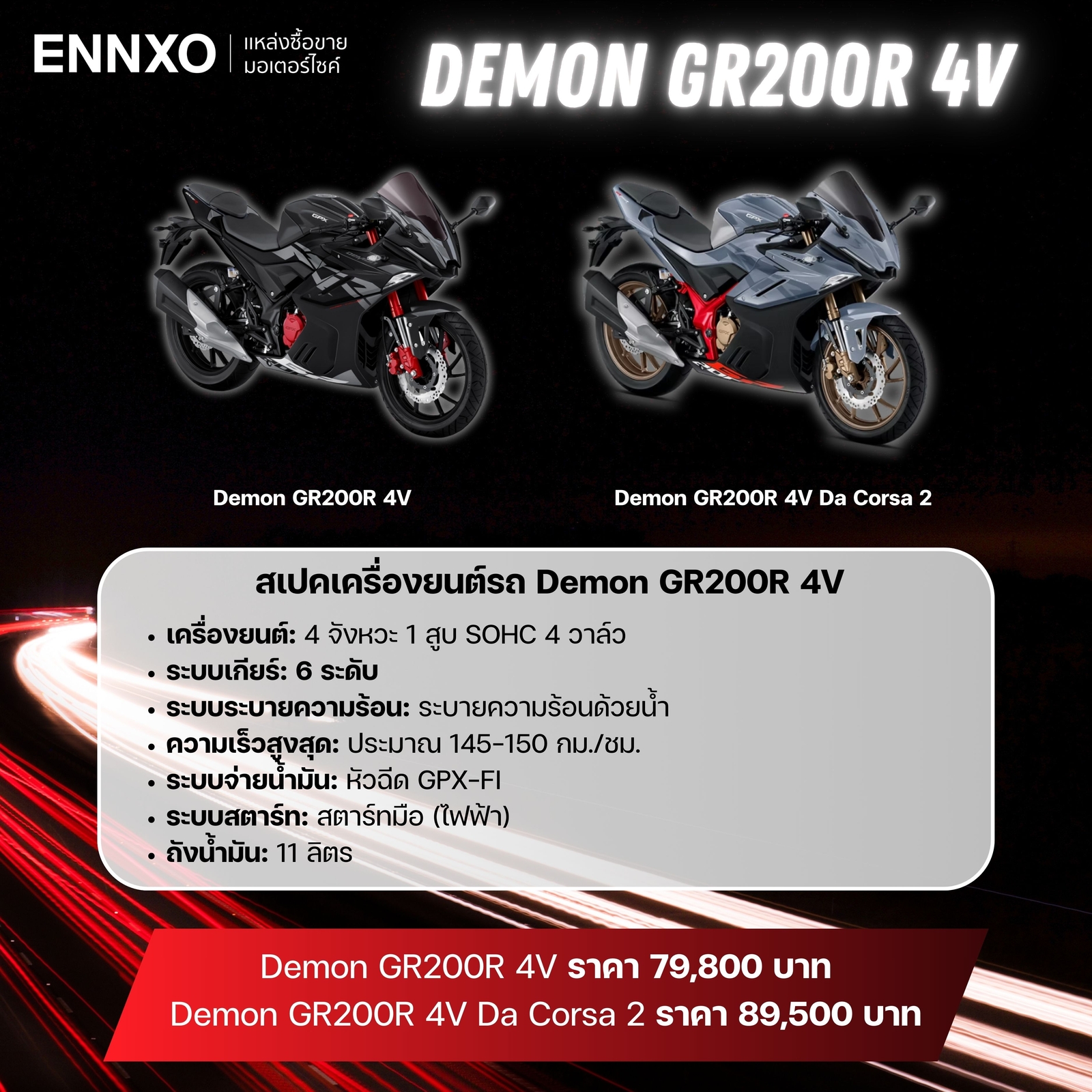 สเปคเครื่องยนต์รถ Demon GR200R 4V