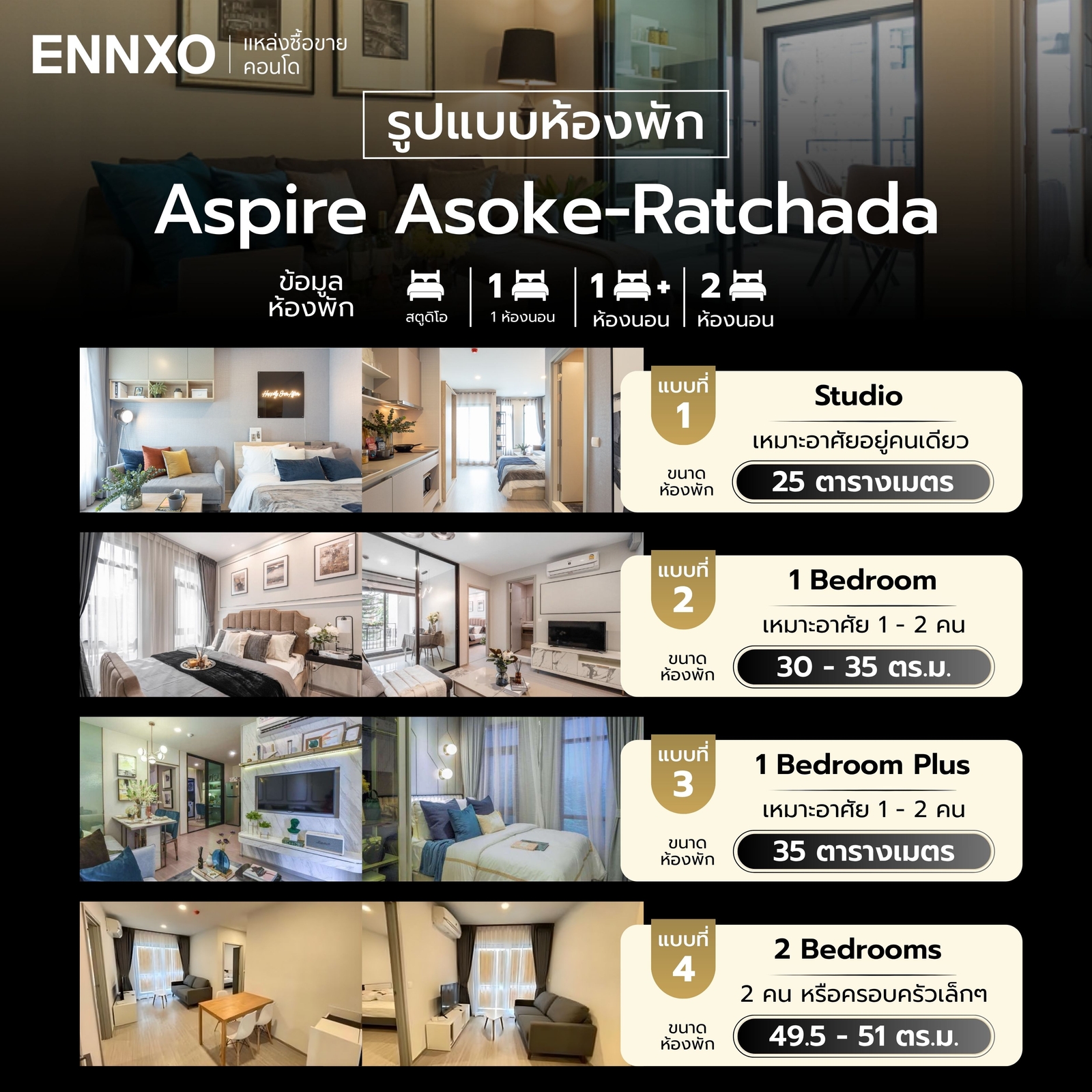 รูปแบบห้องพัก คอนโด Aspire Asoke-Ratchada
