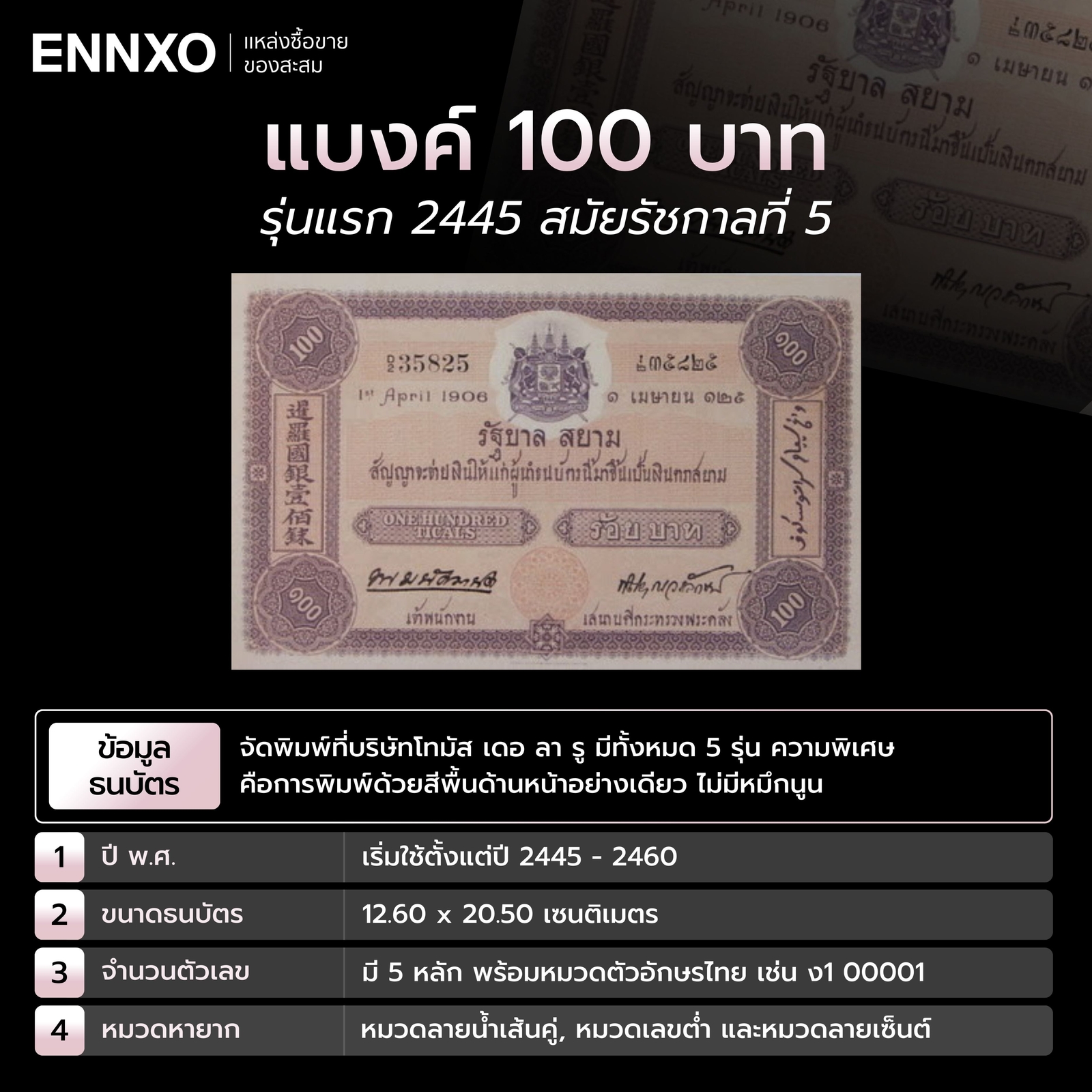 แบงค์ 100 บาท รุ่นแรก 2445