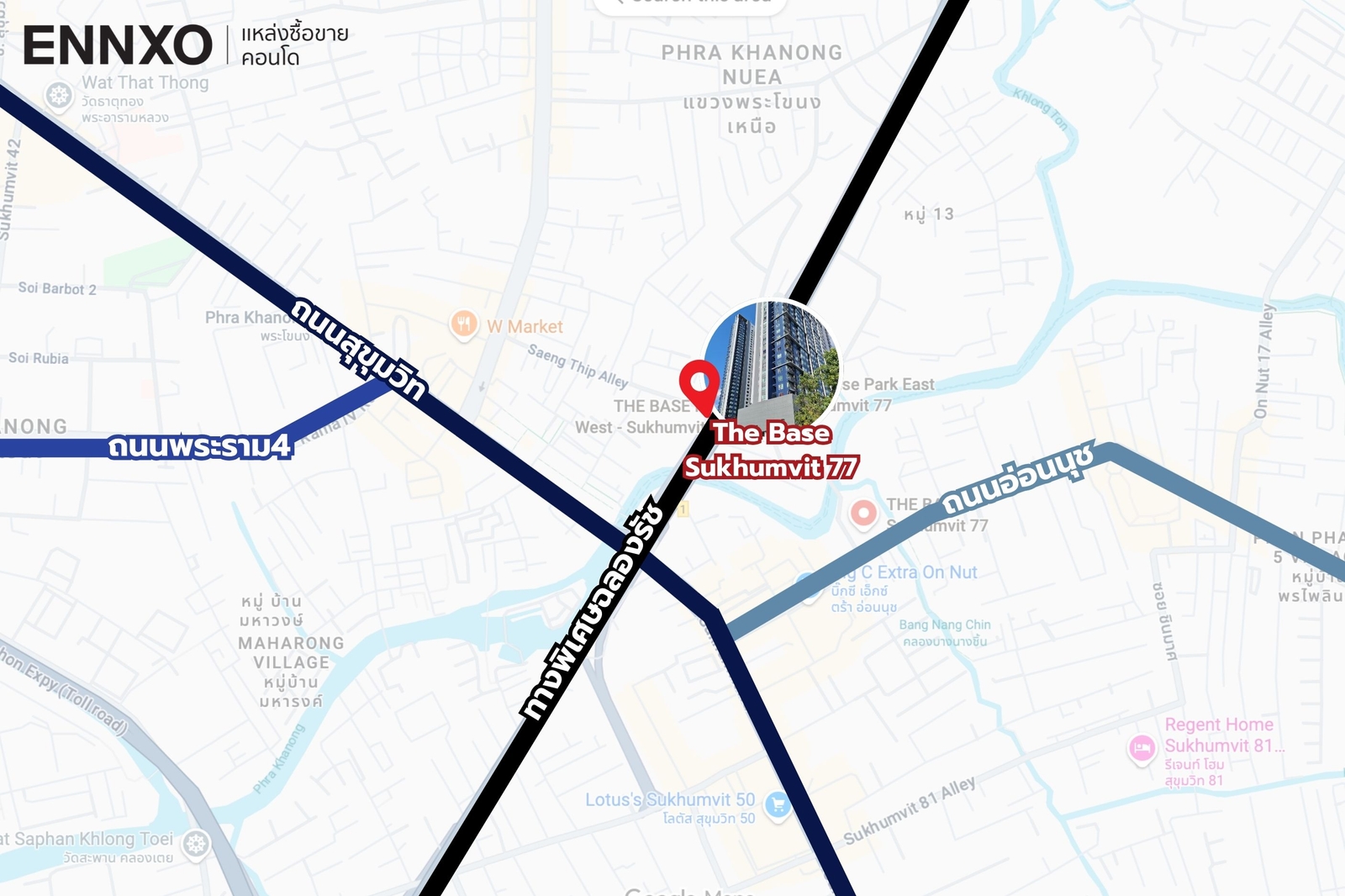 แผนที่การเดินทางมายังคอนโด The Base Sukhumvit 77